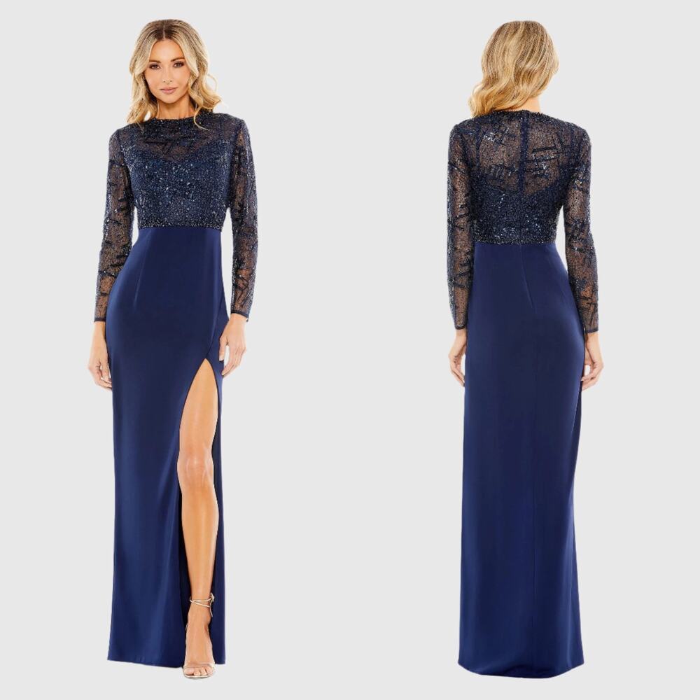 Mac Duggal Sz 8 Midnight Blue Embellished High Neck Bodice Faux Wrap Slit Gown